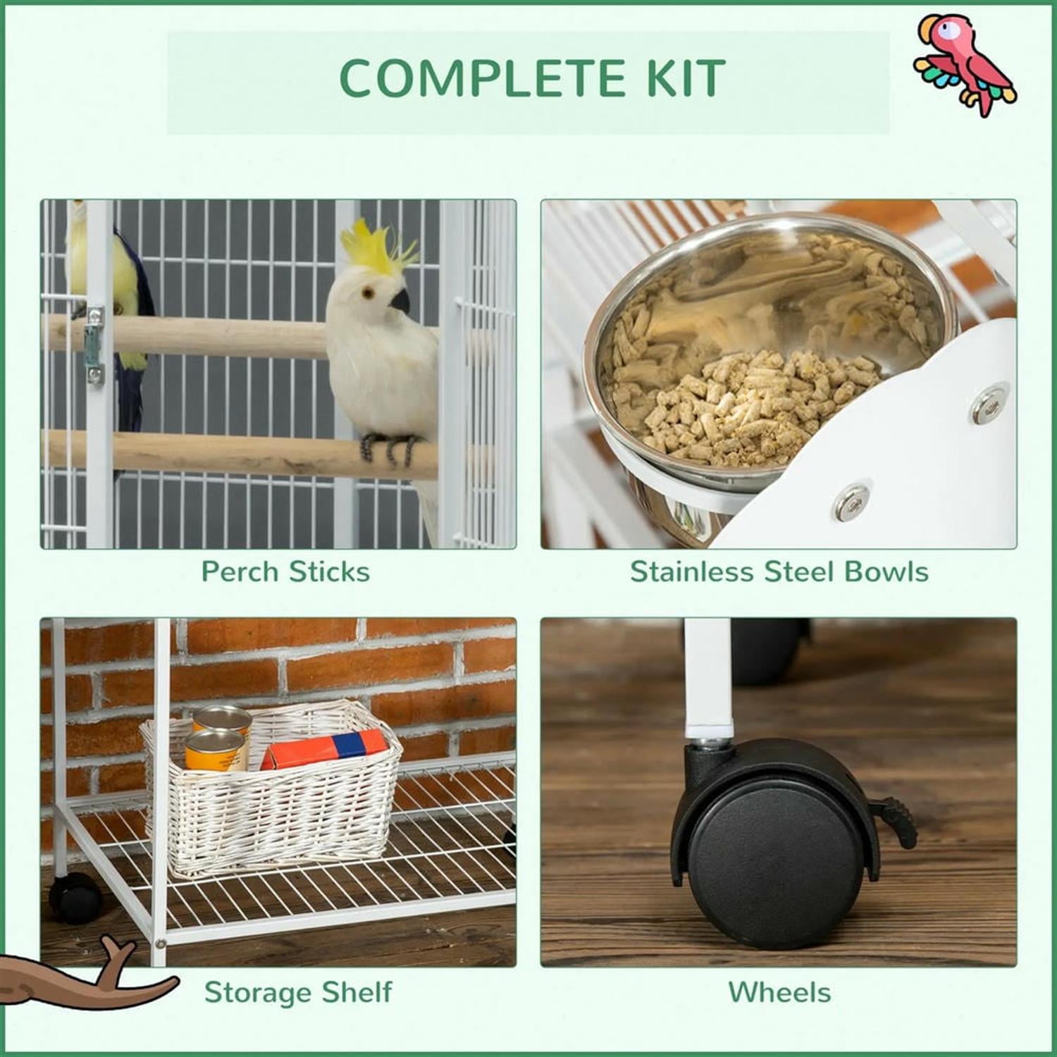 Kadyn 64" Height Large Flight Cage, Bird Cage with Rolling Stand, Hooks Above, Perch, Tray, Food Cups for Parrots Conures Lovebird Cockatiel Parakeets, White