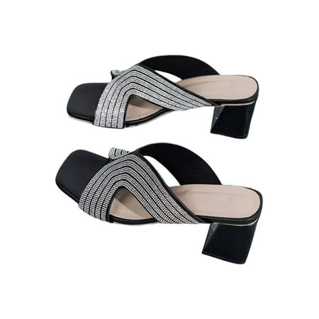

SIMANLAN Laides Heeled Sandals Slip On Heels Rhinestone Dress Sandal Womens Non-Slip Casual Shoe Women Chunky Shoes Black 9