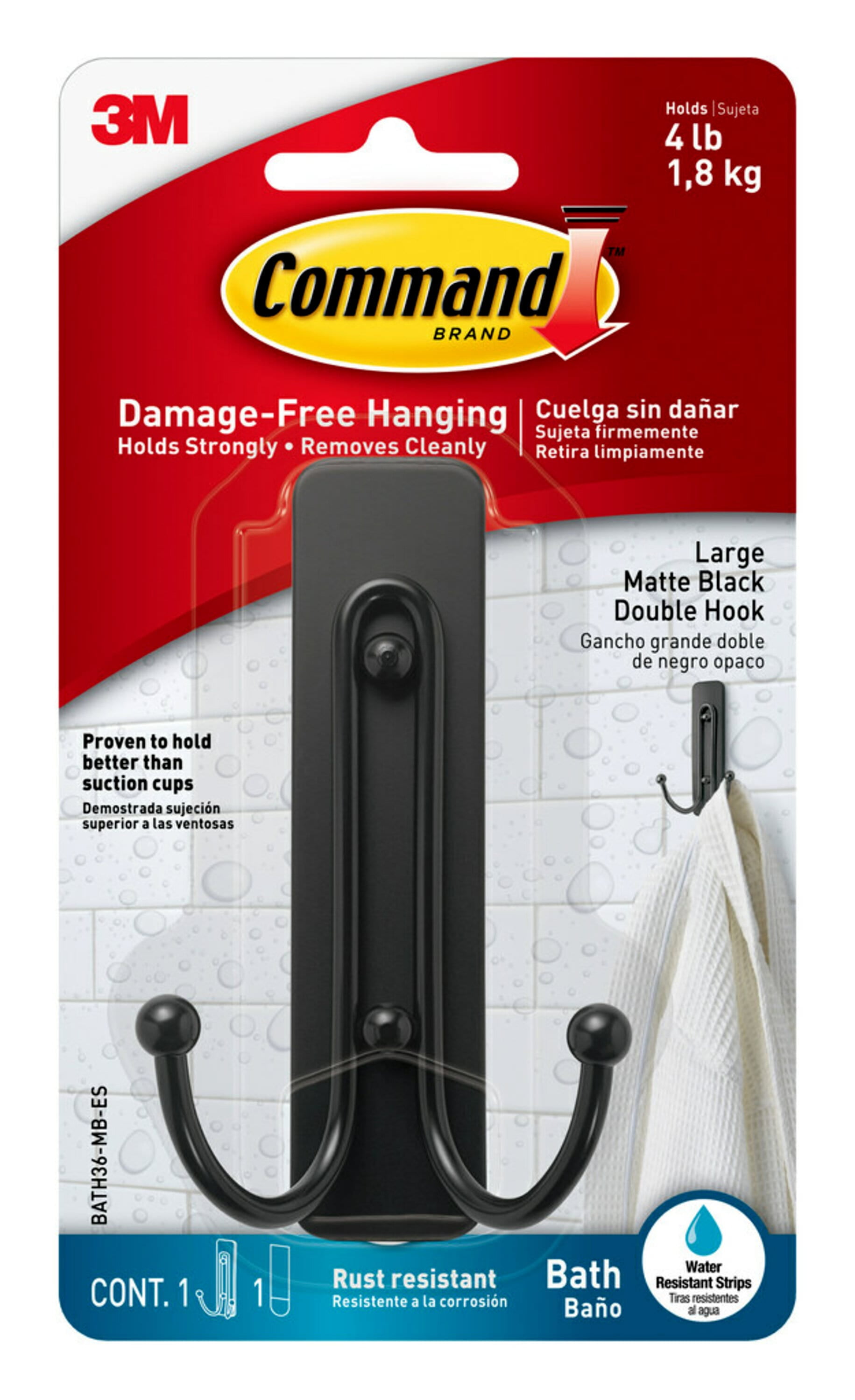 Command Double Bath Hook, Large, Matte Black, 1 Hook 1 Strip per Pack