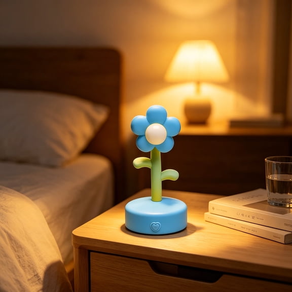 Rwvbm Plastic Cute Flower Shaped Mini Night Light Battery Operated Warm Eye Protective Soft Glow Portable Bedside Table Lamp for Kids Bedroom Decor