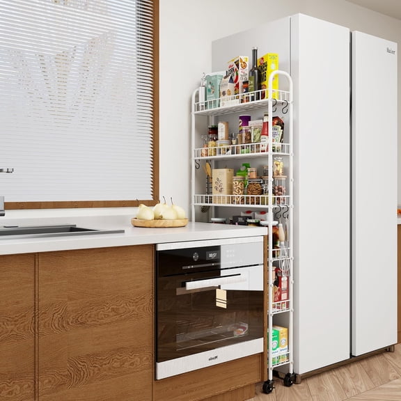 6 Tier Slim Rolling Storage Cart with Wheels, Metal Mobile Shelving Unit Organizer Utility Cart for Office Bathroom Kitchen Laundry Room Narrow Places (White 6 Inches)