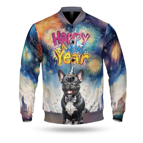 Happy New Year with French Bulldog Fireworks Holiday Xmas Winter 2025 All Over Print 3D Baseball Jacket Dog Lover Gifts Bomber Jacket Softball - 00025