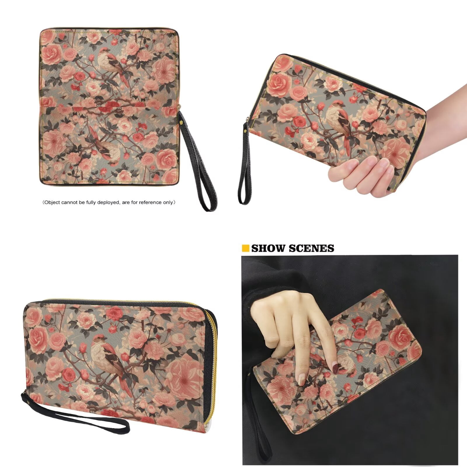 TSOVTHRID Women's Handbag and Wallet Set Bird Rose Vintage Print Top Handle Purse Large Tote Shoulder Bag Waterproof Satchel Handbag with Matching Leather Wallet
