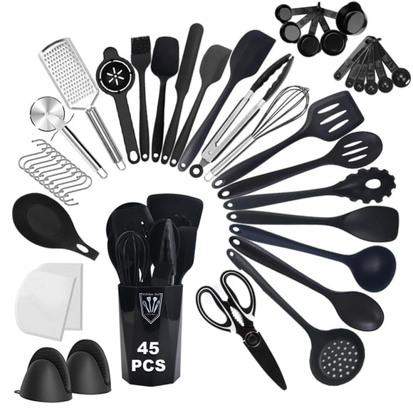 45 Pcs Juego de Utensilios de Cocina, Utensilios de Cocina de Silicona para Cocinar con Tijeras Antiadherentes, Utencilios de Cocina con Herramientas y Paletas, Resistentes al Calor, sin BPA (Negro)