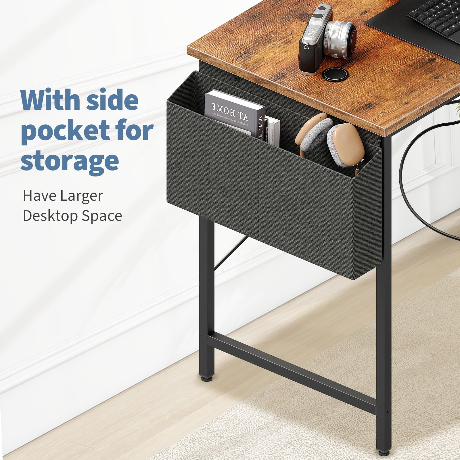 CONCETTA 39 inch Gaming Computer Desk with Power Outlet & LED Strip, Reversible Storage Shelves for Home Office, Rust