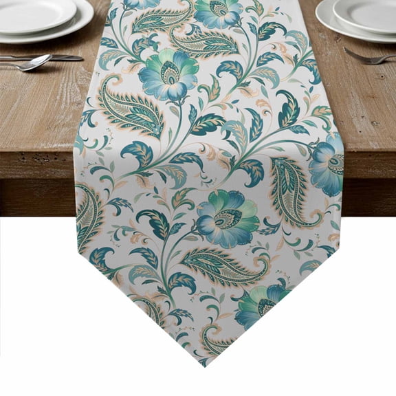 Teal Paisley Floral Table Runner Linen Burlap Table Runner 108 Inches Long Boho Ethnic Tribe Traditional Dresser Scarves for Kitchen Island Coffee Dining Room Party Holiday Decoration 13"x108"