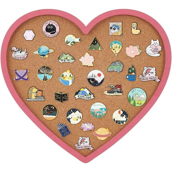 Pearl Pink Heart Pin Cork Board 11.8x10.7inch Bulletin Display Board Wall Mounted Cork Board with Pink Frame for Brooch Pin Storage Display Office Home and School Decor
