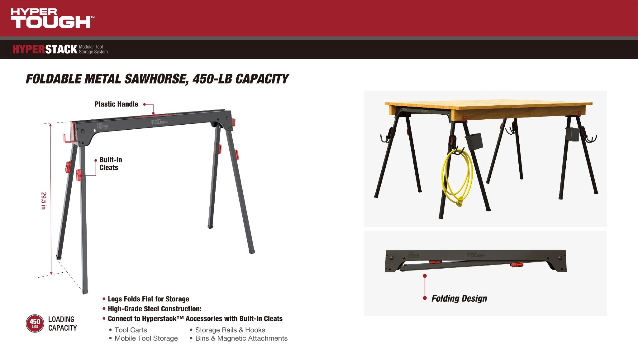 Hyper Tough Hyper Stack Foldable Metal Sawhorse, 450 lb Weight Capacity, Heavy-Duty
