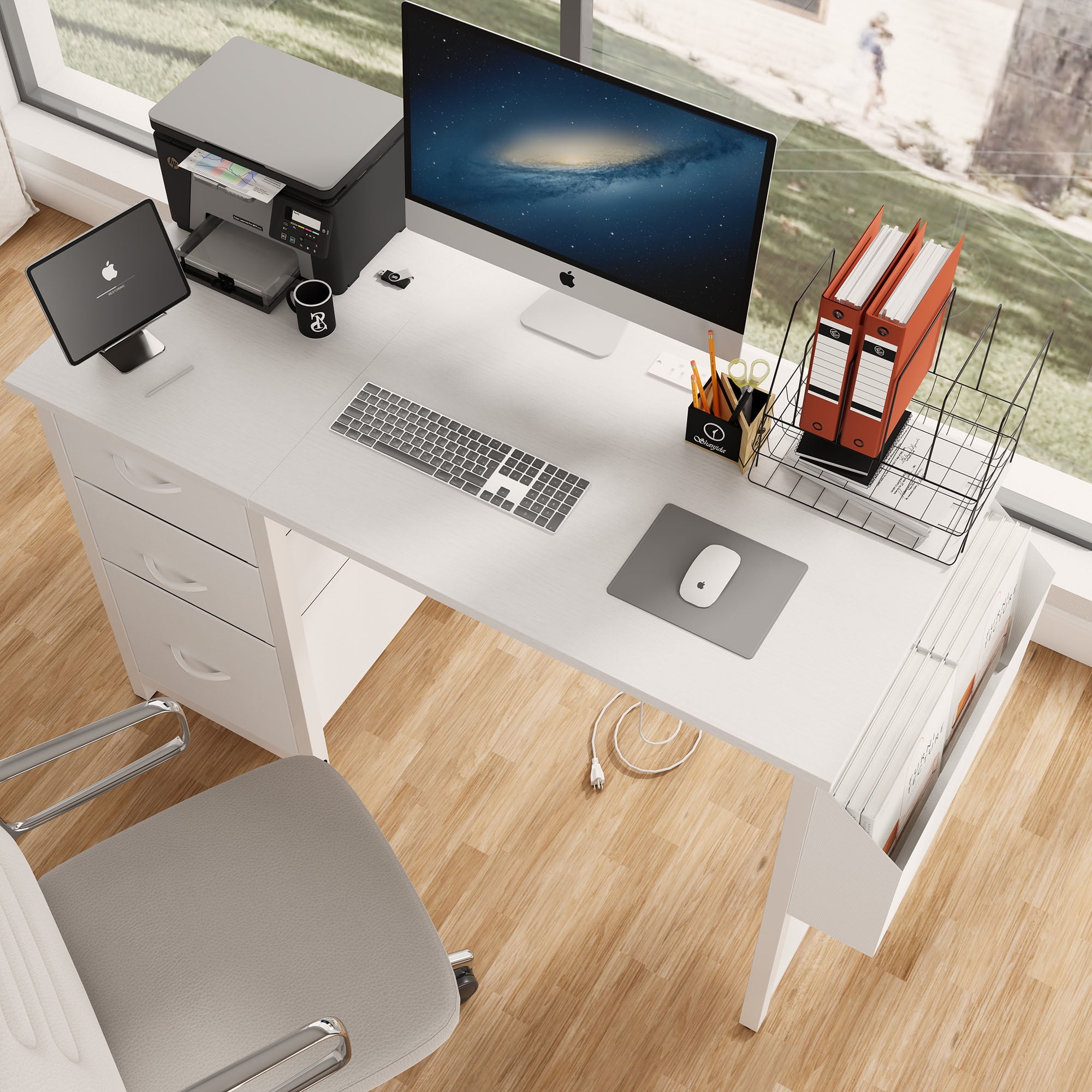 Multi-Functional Hidden Power Outlet Fabric Drawers & Side Pocket Adjustable & Reversible White Modern Executive Desk Home & Office Storage Solution(Chairs not included)