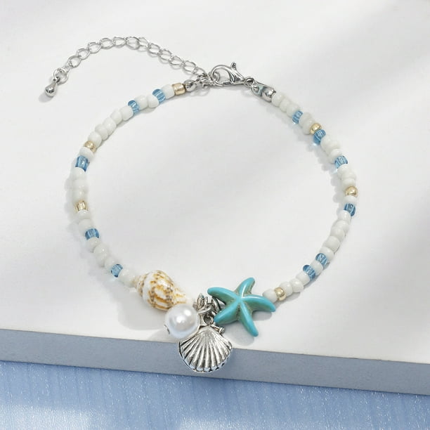 Nvzi Pulsera de tobillo con forma de estrella de mar y tortuga azul Pulsera de tobillo con forma de estrella de mar y tortuga azul Pulsera de cuerda con forma de estrella , azul C