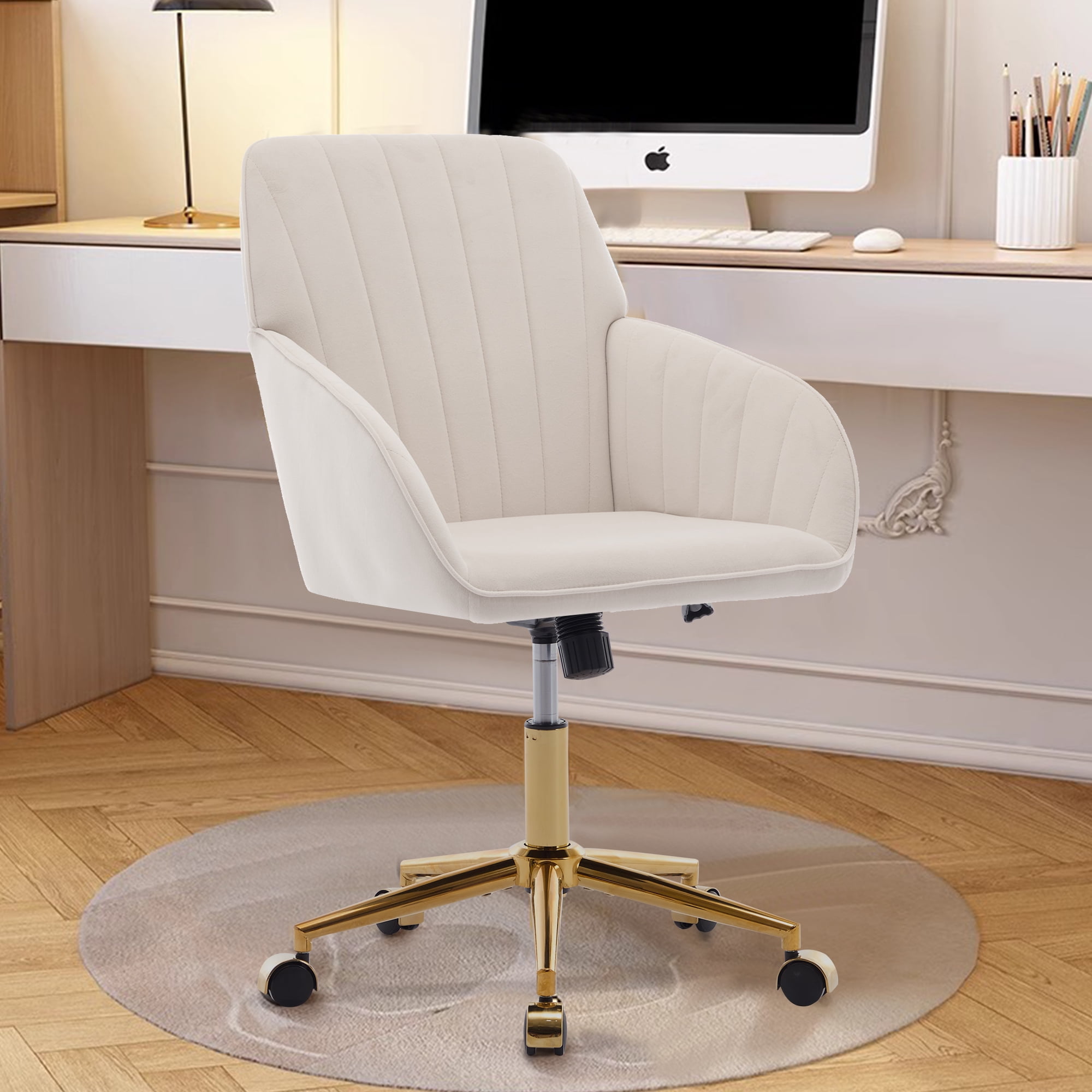Peispie Velvet Office Chair 300lbs, Mid Back Vanity Chair, Modern Swivel Desk Chair with Gold Base, Upholstered Computer Task Chair for Bedroom, Beige