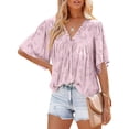 thumbnail image 2 of Txlixc Blusa informal para mujer, cuello en V, manga acampanada, textura de flores, botones, camisa suelta con volantes para mujer Txlixc  Moda, 2 of 5