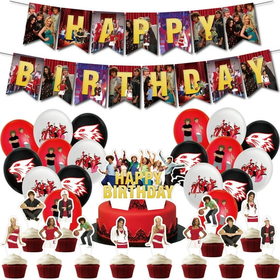 32PCS For High School Musical Birthday Party Decorations,18 Balloons,With 1 Happy Birthday Banner Garland,13 Cupcake Toppers for Decorative Supplies Set