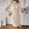 thumbnail image 6 of Women's Sweater Dress Knit Dress Long Sleeve Turtleneck Solid Color Cable Knit Casual Winter Dress for Holiday,Beige,L, 6 of 7