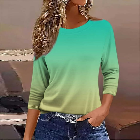 Ayolanni 3/4 Sleeve Basic Tops for Woman Army Green Ombre Blouses Ladies Tops under 10 L