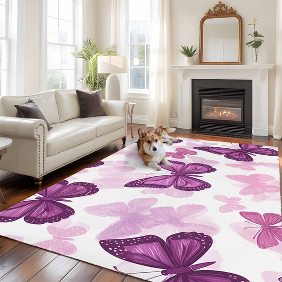 6'x9' Area Rugs, Purple Butterflies Indoor Outdoor Area Rug for Living Room Bedroom, Spring Summer Butterfly Washable Bathroom Rugs Kitchen Floor Carpet Mats Home Decor Aesthetic