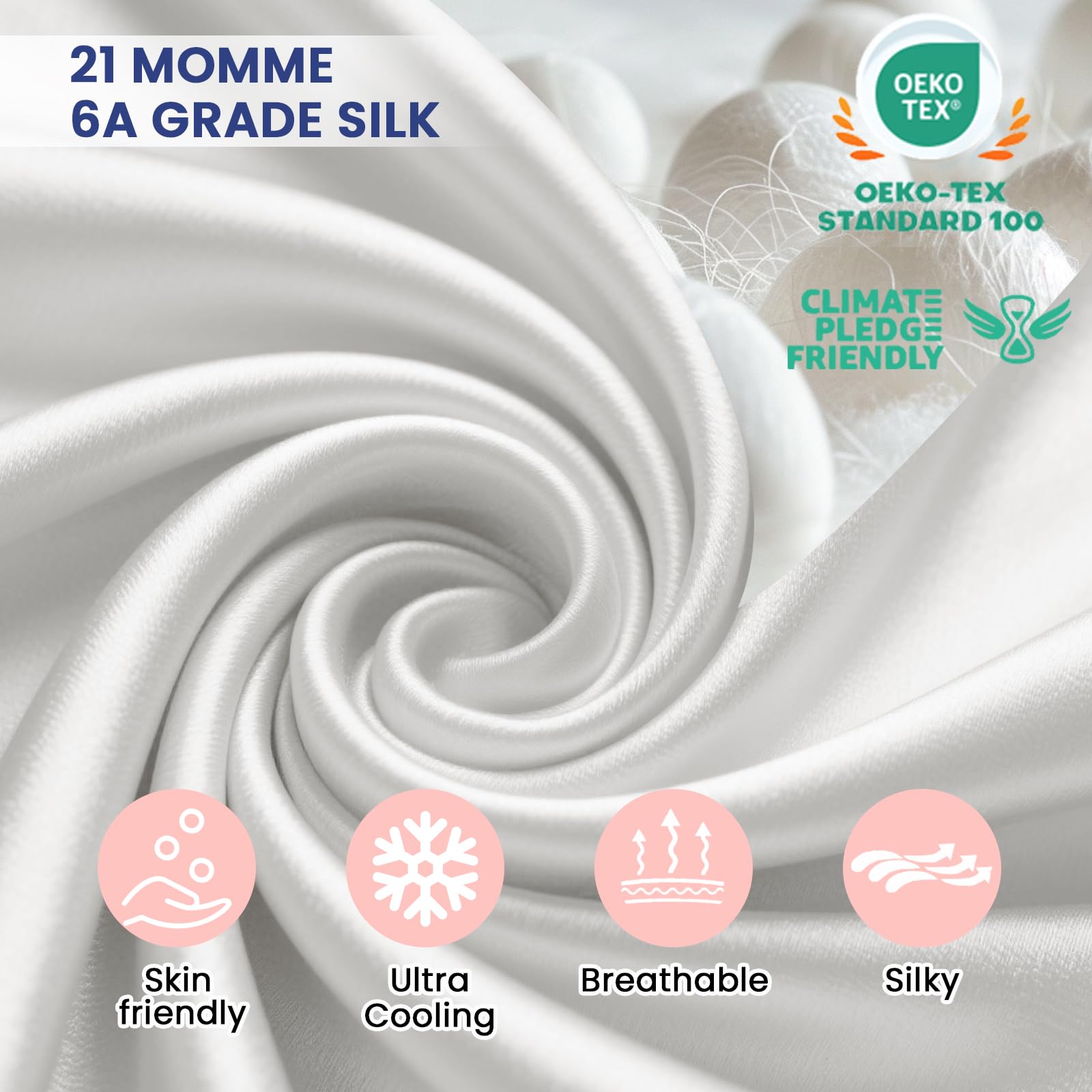 Silk Pillow Cases With Zipper  21 Momme Mulberry Pillowcase For Hair Skin Soft Smooth Breathable Cool Cover Beauty Sleep(standard 20"x26" White)