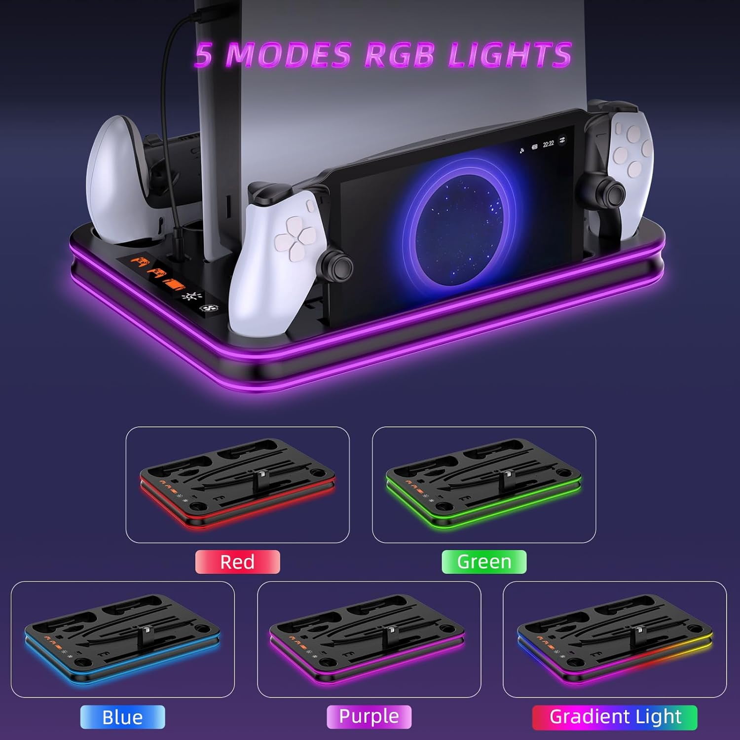 Stand and Cooling Station for PS5/ Slim/ Pro with RGB LED Controller Charging Dock Accessories, Charger for PlayStation 5 Controller and PS Portal Console Headset and Remote Holders (Black)