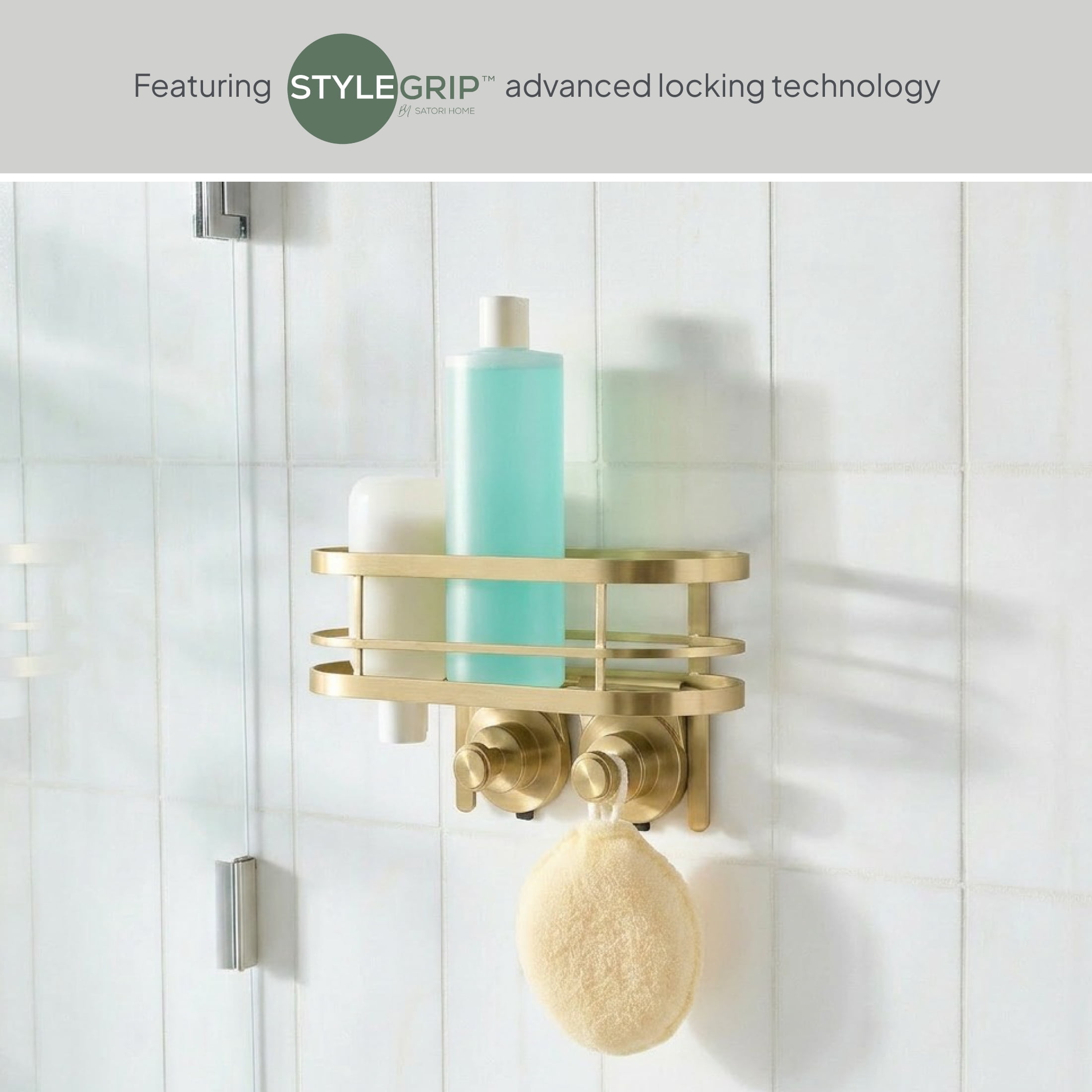Better Homes & Gardens StyleGrip Suction Mount Shower Caddy with Hooks, Brass