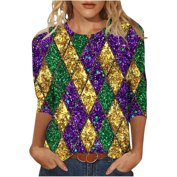 Gbsyewxs Mardi Gras Tops For Women Crew Neck 3/4 Sleeve Pacthwork Sequined Print Festival Carnival Womens Blouses Gold