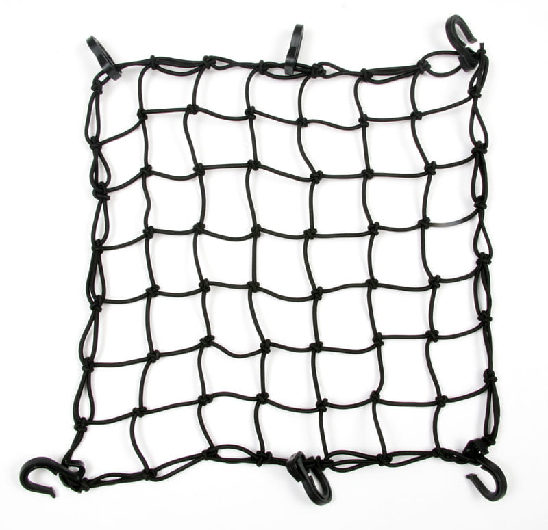 Bike ATV Gear Helmet Luggage Net with Tight 2.3x2.3 Mesh & 12 Adjustable Plastic Hooks for Motorcycle Heavy Duty Latex 17X17 Bungee Net Stretches to 34x34 Black Cargo Nets 
