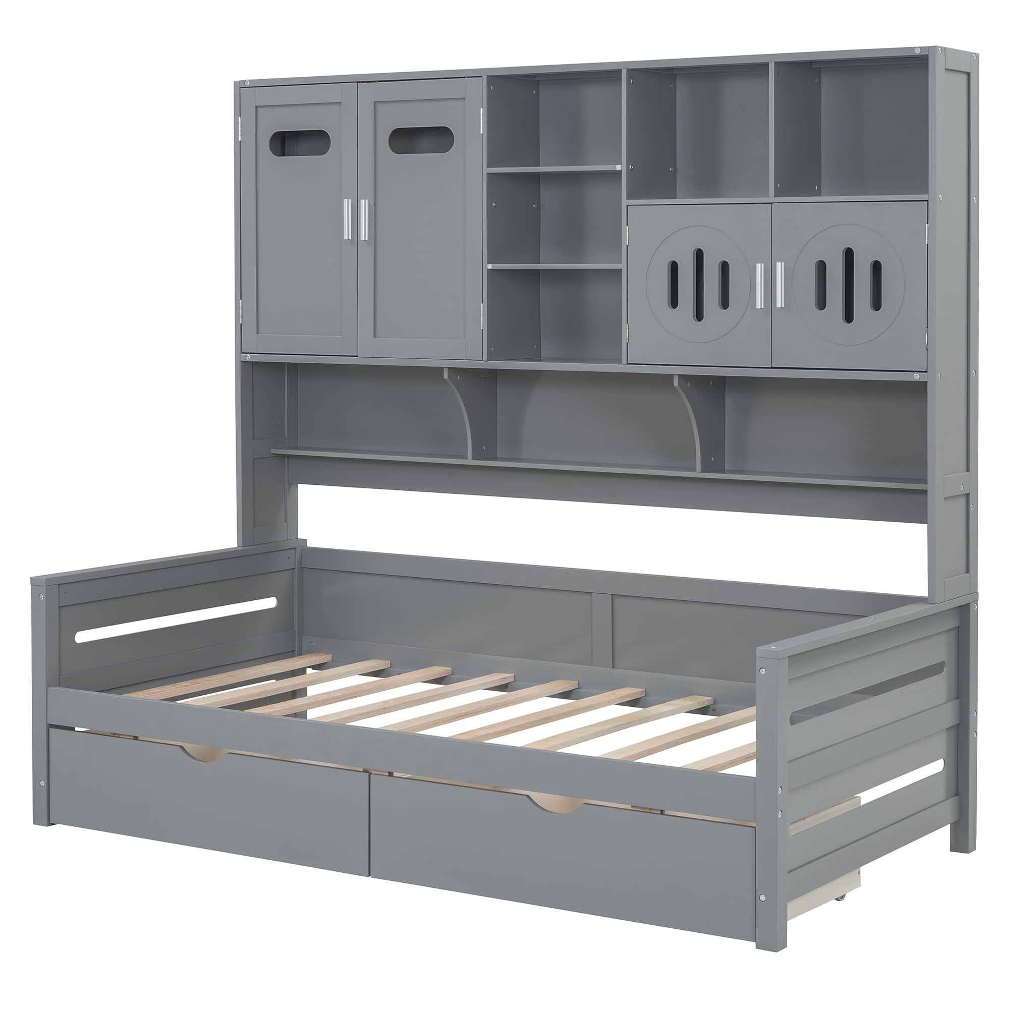 Mintazer Twin Platform Bed with Side Bookcase & 2 Drawers and 2 Cabinets, All-in-One Wood Storage Daybed Frame for Kids Teens Bedroom Guest Room, Grey