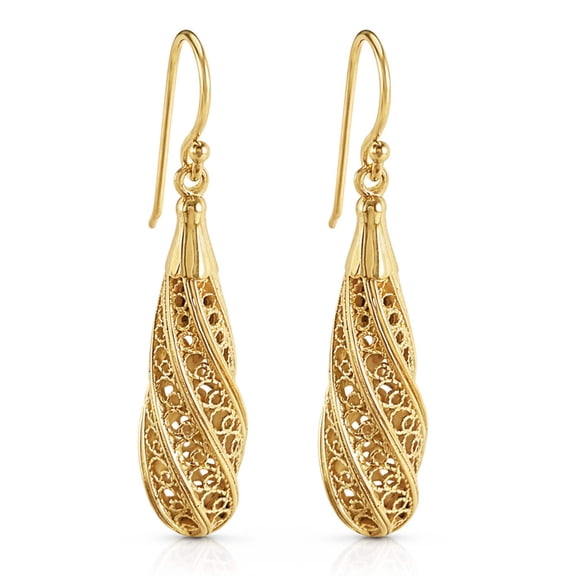 Turkish Bling Filigree Swirl Drop Earrings Multi-Layer Gold Finish