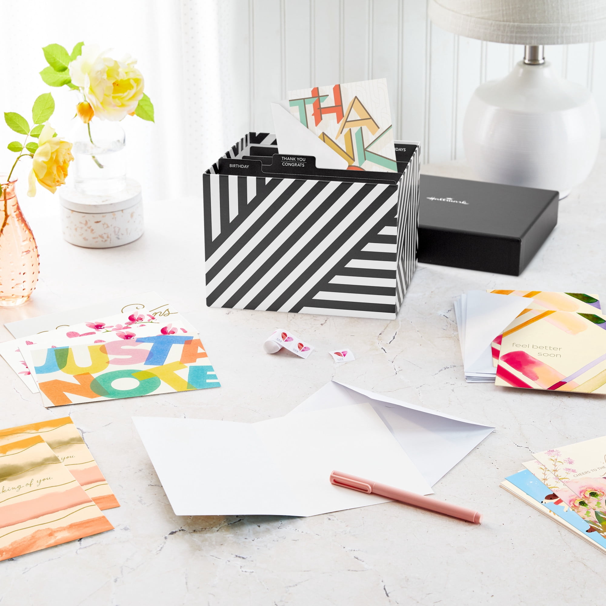 Hallmark Assorted All-Occasion Cards (Geometric Striped)—Birthday, Holiday, Wedding, Sympathy, Thinking of You, Thank You, Blank, Pack of 100 With Organizer Box