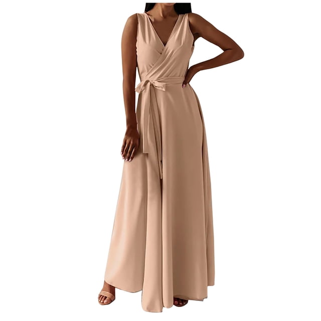 Cameland Mode Women Robe Longue d'Été Décontractée Unie Col en V Sans Manches