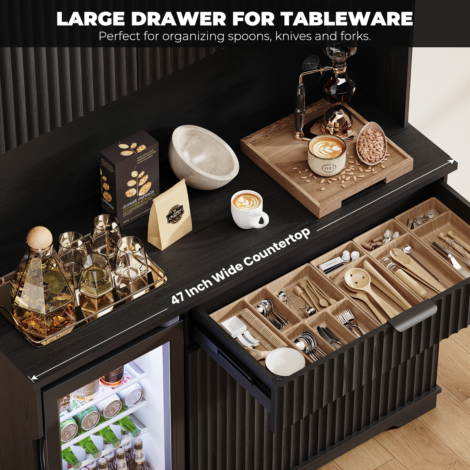BROTTAR 69" Fluted Wine Bar Cabinet with Fridge (Included), Modern Coffee Bar Cabinet with Storage Hutch, Tall Mini Fridge Cabinet with Drawers, Kitchen Pantry for Living Room, Dining Room, Black