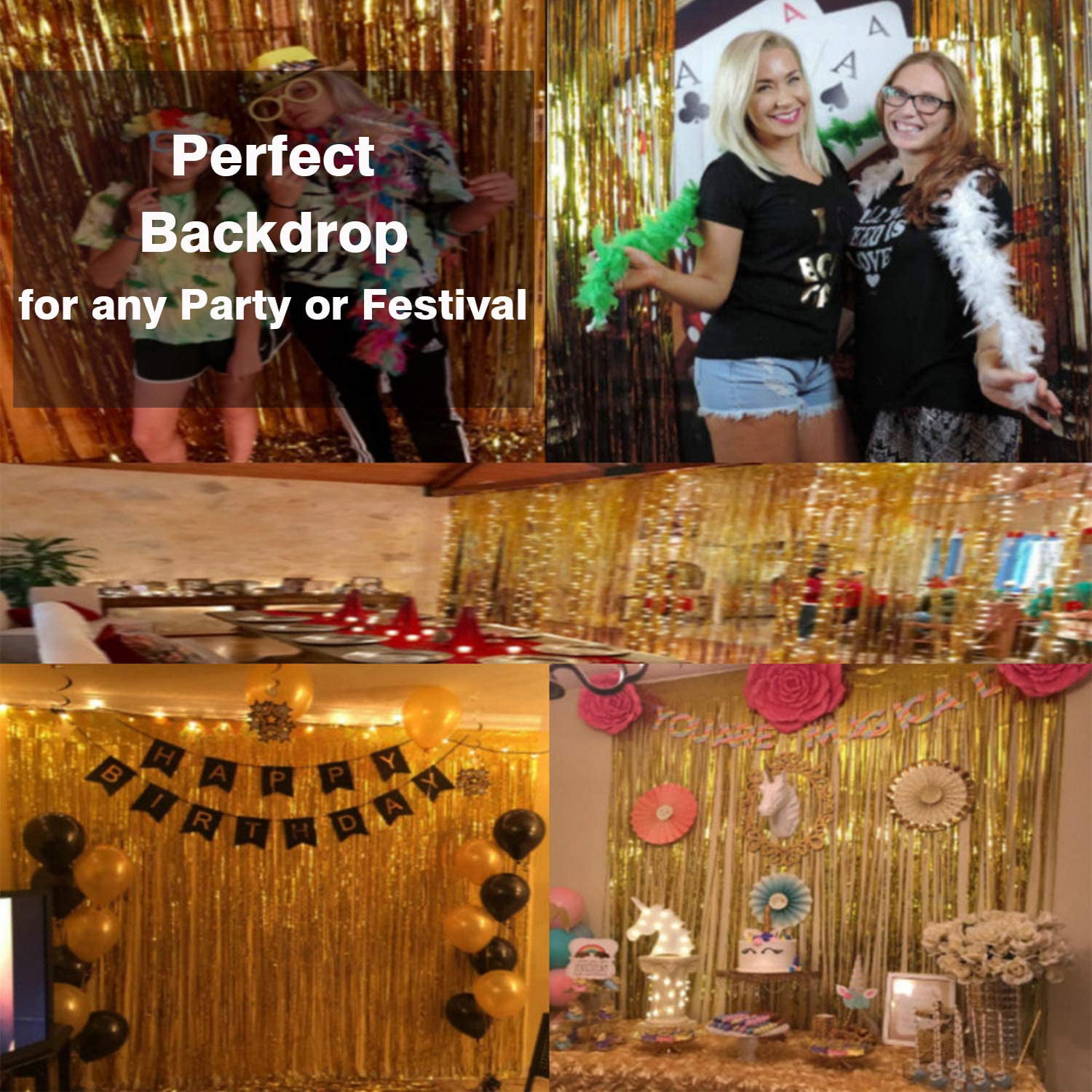 Sparkle Gold Aluminum Foil Tassel Curtain, 3.28 ft x 6.56 ft  Birthday Wedding Party Photo Booth Background Decoration (Shiny Gold, 2  Pack) : Home & Kitchen