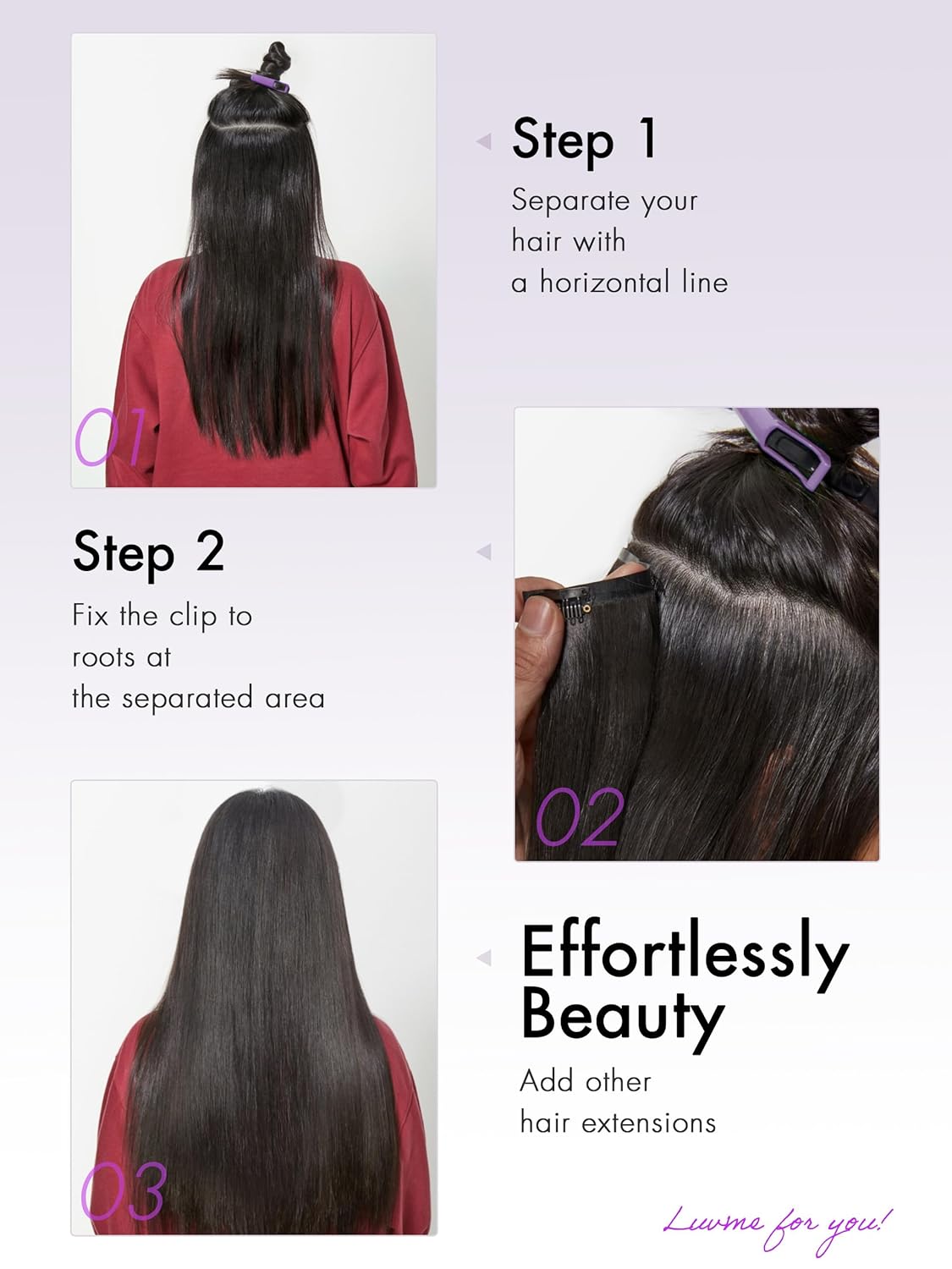 LUVME Clip in 14" Human Hair Extensions Full Max with 2 Pack Natural Black Seamless for Women