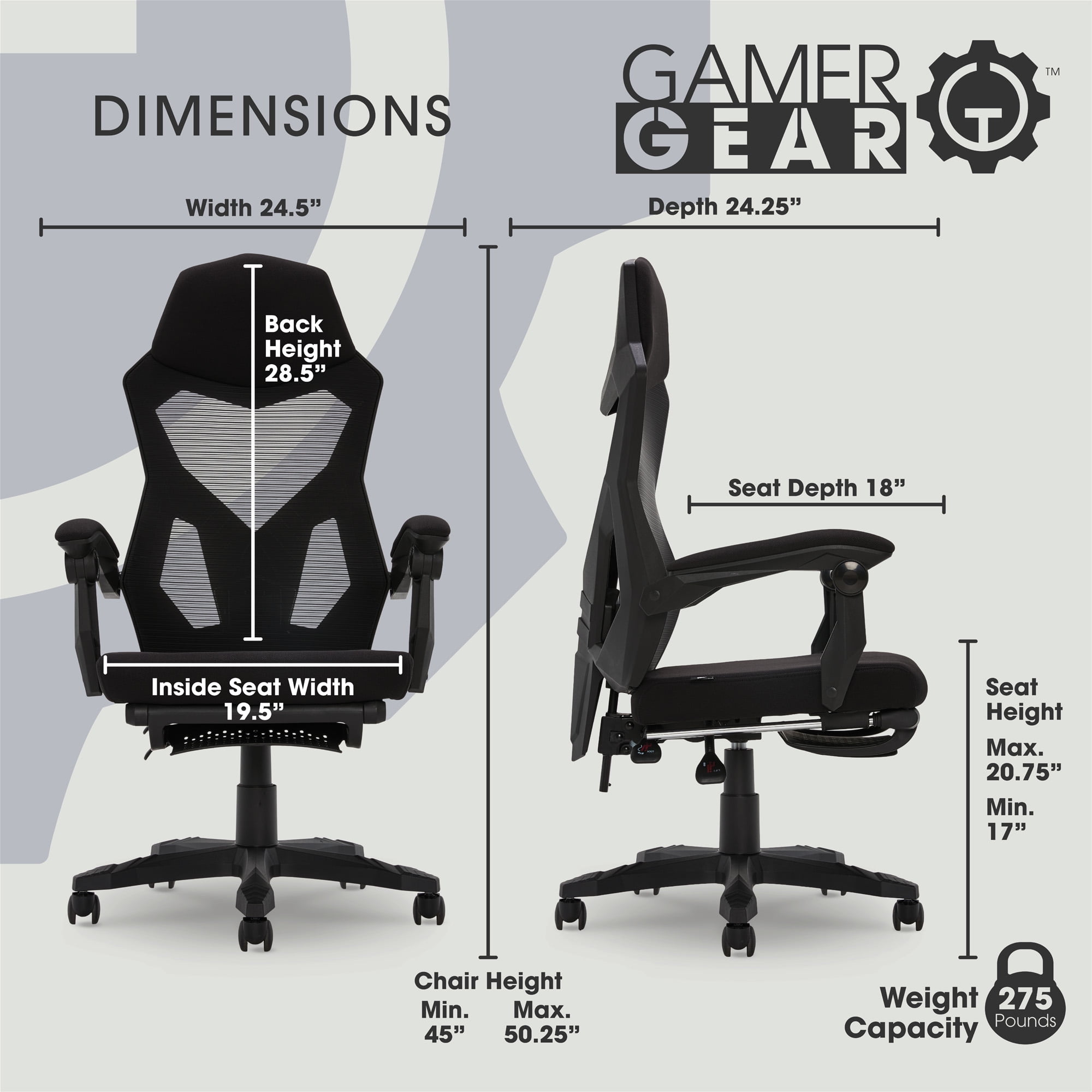 Gamer Gear Ergonomic Gaming Chair with Mesh Back, Extendable Footrest, Black  (图4)