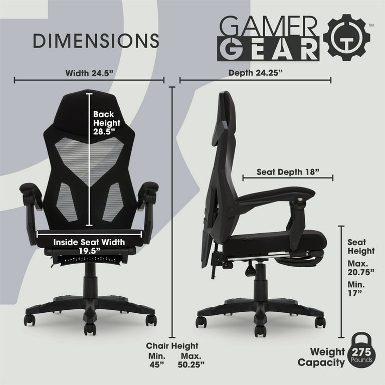 Gamer Gear Gaming Office Chair with Extendable Leg Rest, Black Fabric