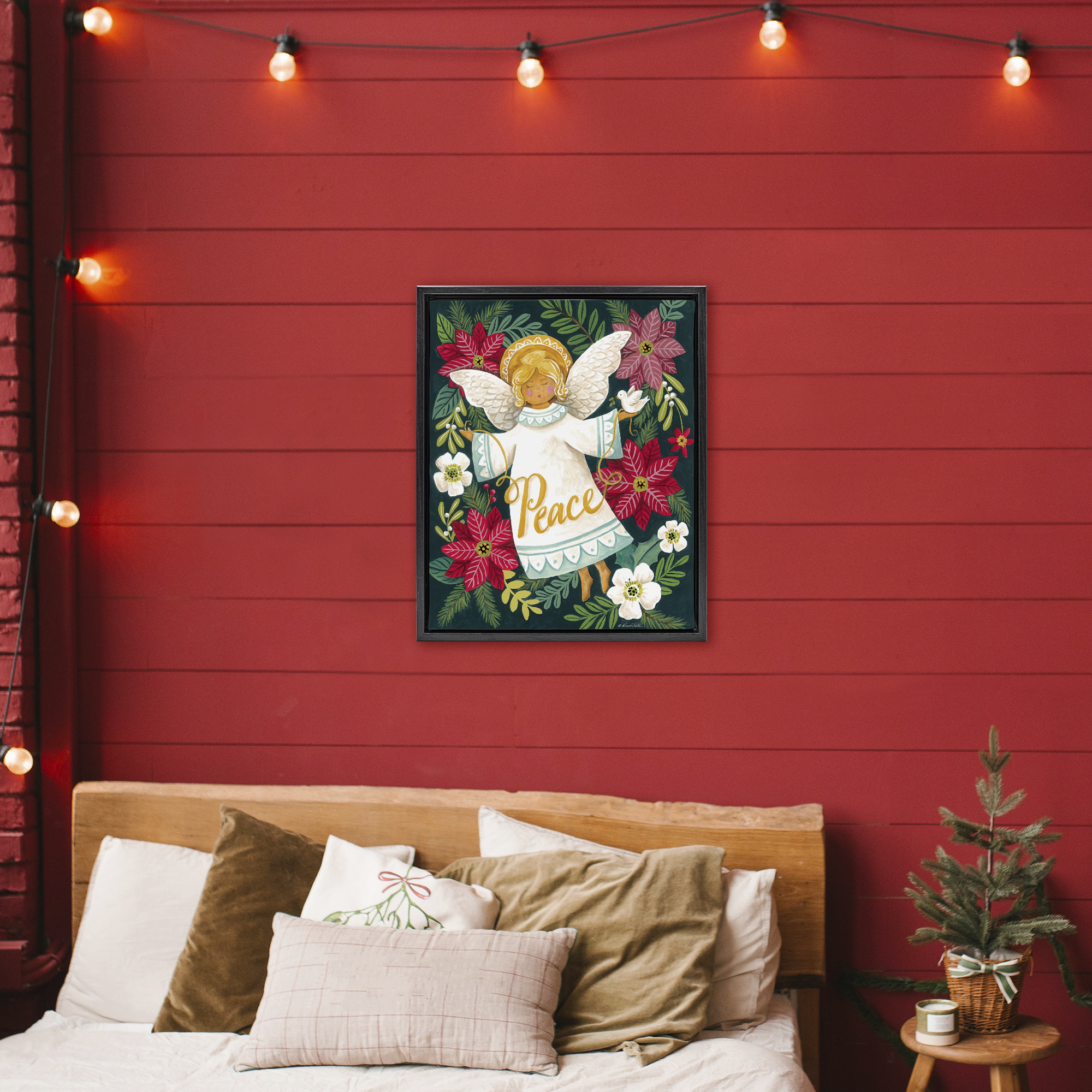 Angel with Peace & Botanicals Black Framed Floater Canvas Wall Art, design by Diane Kater