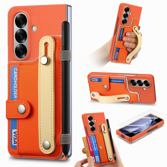 ELEHOLD Case for Samsung Galaxy Z Fold 7, Versatile Leather Wallet Case with Hand Strap & Pen Slot, Built-in Screen Protector,Orange