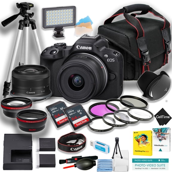 Canon EOS R50 Mirrorless Camera w/18-45mm lens   2pc 64GB Memory Card   LED Light   Extra Battery  Tripod   More (21pc Bundle) (International Version)