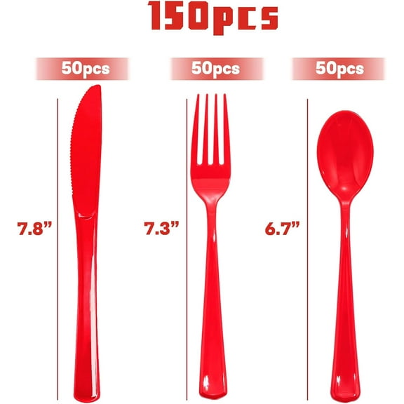TRA-150 Pack Red Plastic Silverware, Red Plastic Utensils, Disposable Cutlery Heavy Duty, 50 Forks, 50 Spoons, 50 Knives for Birthday, Graduation Party, Flag Day, 4th of July