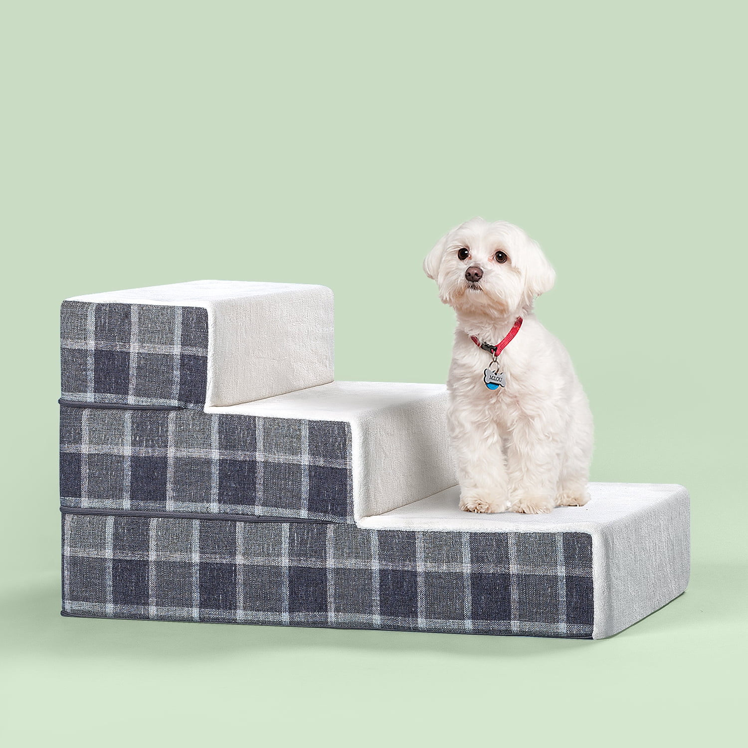 Zinus Foam 15” 3Step Pet Stairs, Small, Grey Plaid