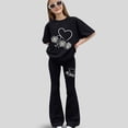 thumbnail image 2 of Girls Two Piece Outfits Summer 2 Piece Teen Girls Summer Outfits Kids Heart Applique Baggy Short Sleeve T-Shirts Flare Pants Trendy Clothes Sets, 2 of 4