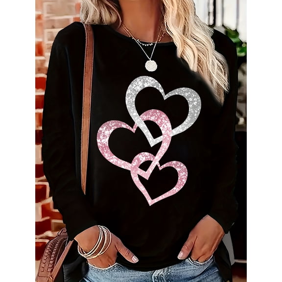 Women's Spring and Autumn 100% Cotton Loose Casual Fashion Shining Love Printed Round Neck Long Sleeve T-shirt Top