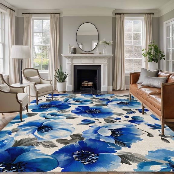 Blue Flowers Area Rugs 5'x7', Small Throw Rugs for Laundry Room Playroom, Spring Watercolor Floral Leaves Plants Beige Indoor Outdoor Rug Non-Slip Low Pile Carpet Runner Reversible Floor Mats