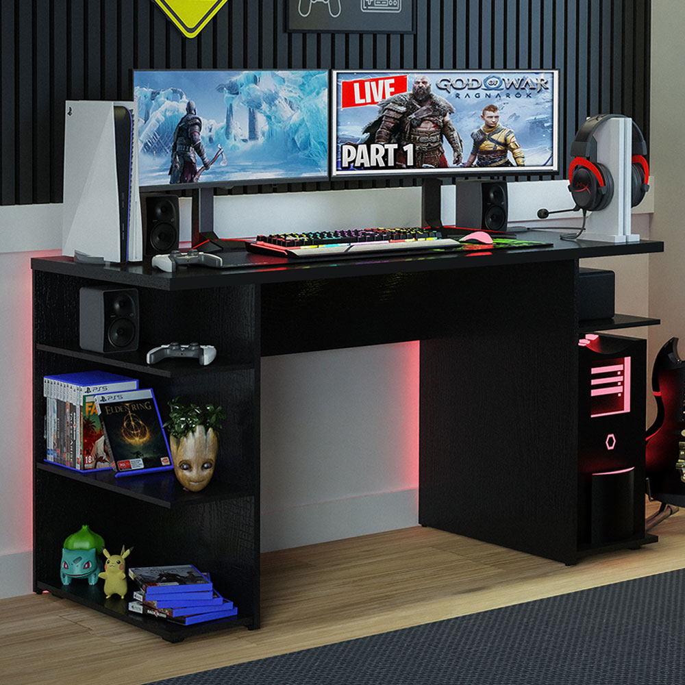 Madesa 53 inch Gaming Computer Desk with Shelves, Home Office Desk Writing Workstation, Wood - Black - image 4 of 8