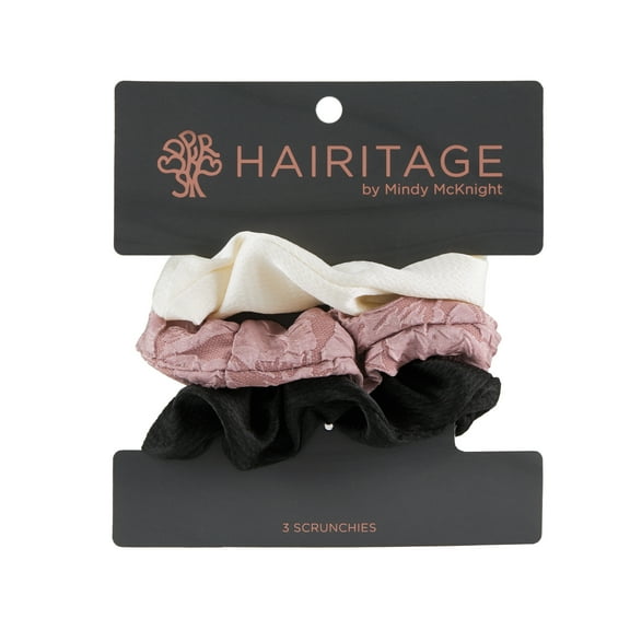 Hairitage Hair Scrunchies for Women & Girls | Set Of Soft Hair Ponytail Holder Hair Ties for All Hair Types | Ivory, Black & Plum, 3PC