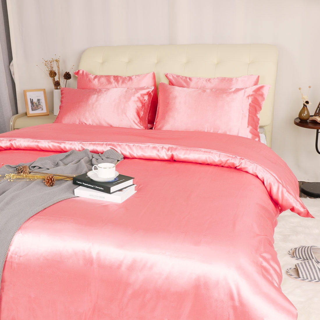 Unique Bargains Satin Duvet Cover Set of 3 with 2 Pillowcase King Pink