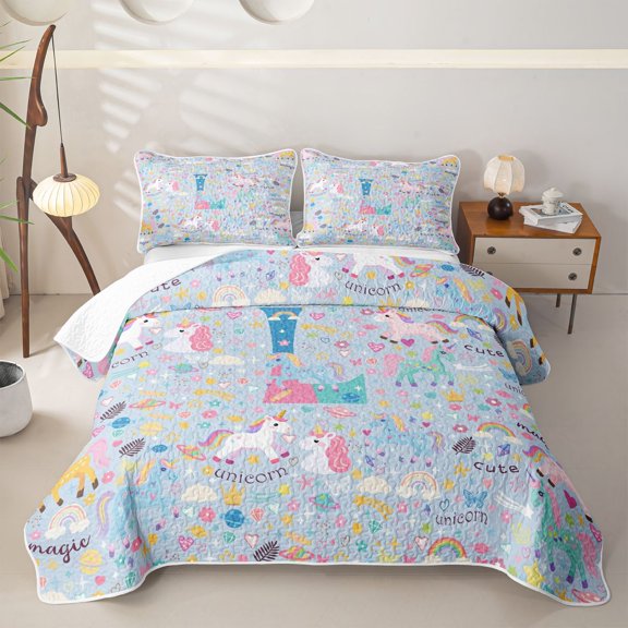 meiyoeat Cute Unicorn L Initial Twin Quilt Set for Boys Girls, Cartoon Monogram Twin Coverlet Set, Blue Multicolor, 2pcs