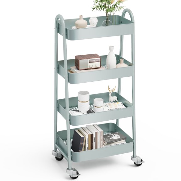 CONCETTA Versatile 4-Tier Metal Utility Cart with Locking Casters, Multi-Scenario Use for Office, Living Room, Kitchen, Green