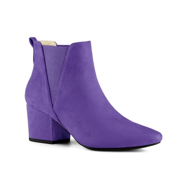 BLISSFUL STEP Bottes pour Femmes Bout Pointu Talon Bloc Bottines Chelsea Violet Foncé 8