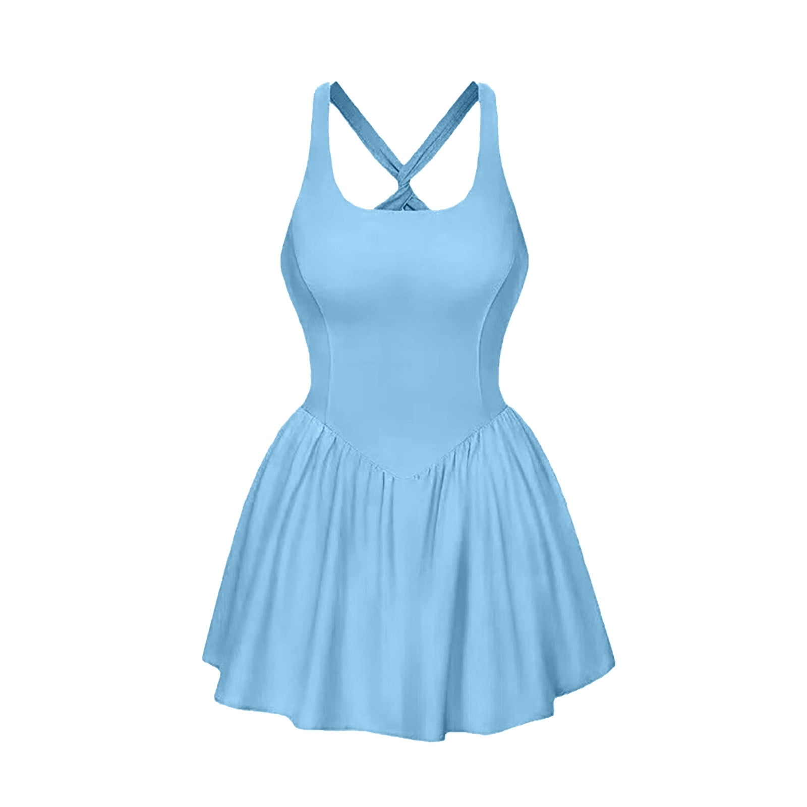 CUZIBR Women Tennis Dresses With Shorts High Waist Sleeveless Fit And Flare Square Neck Pleated Breathable Soft Casual Workout Athletic Romper Dress,Light Blue,L
