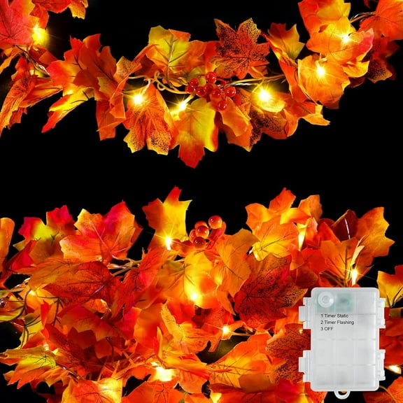 Fall Garland with Lights Battery Operated,LED Lighted Orange Fall Leaf Garland, Fairy String Lights for Thanksgiving Decor, Table, Mantle, Office, Porch, Halloween, Home Decoration